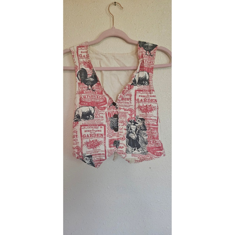 Vintage Style Seed Catalog Farm Animal Print Cropped Vest Red Cream XS
